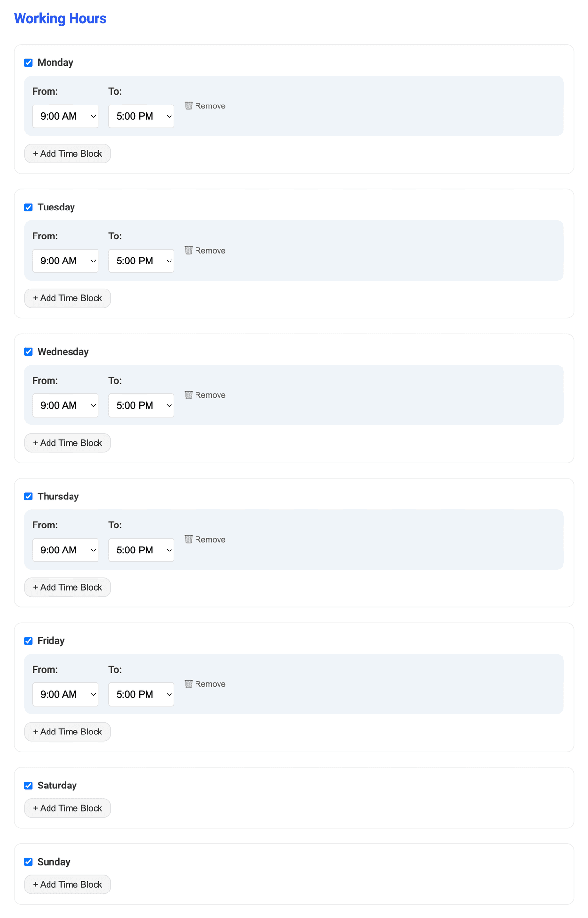Calendar settings dashboard