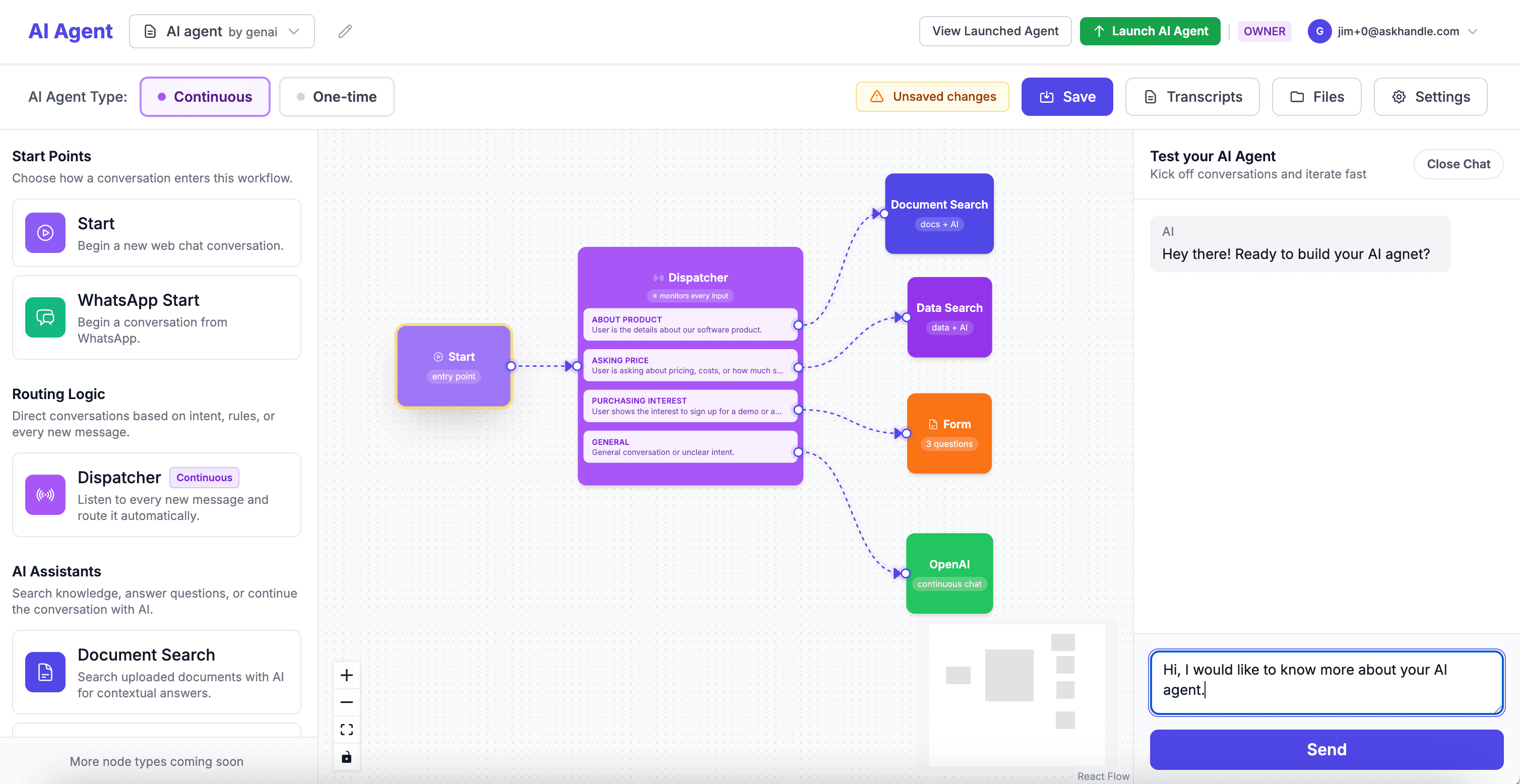 AskHandle visual workflow editor for support agent routing