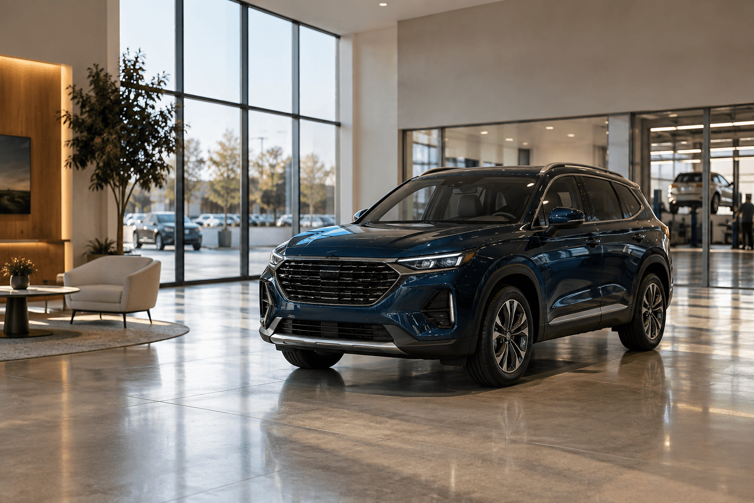 A dark blue SUV in a bright contemporary dealership showroom