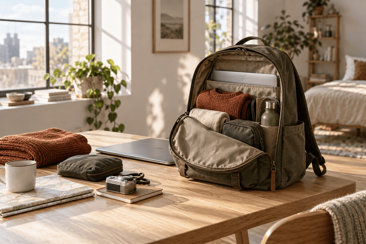 An open travel backpack and everyday carry essentials arranged on a sunlit table