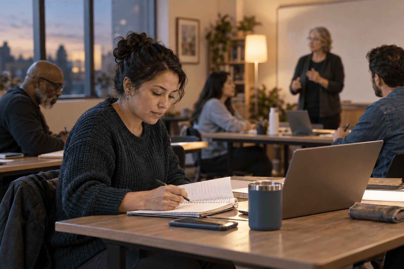 Adult learners studying together in an evening classroom