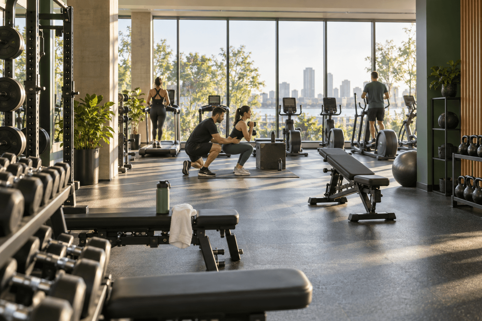 Members working out on the strength floor of a sunlit fitness club