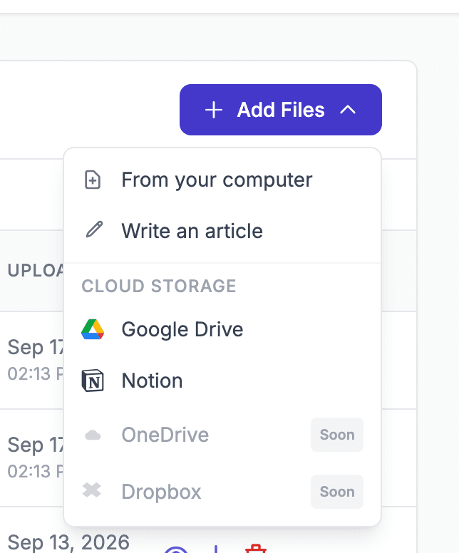 Actual AskHandle Add Files menu with Google Drive and Notion under Cloud Storage