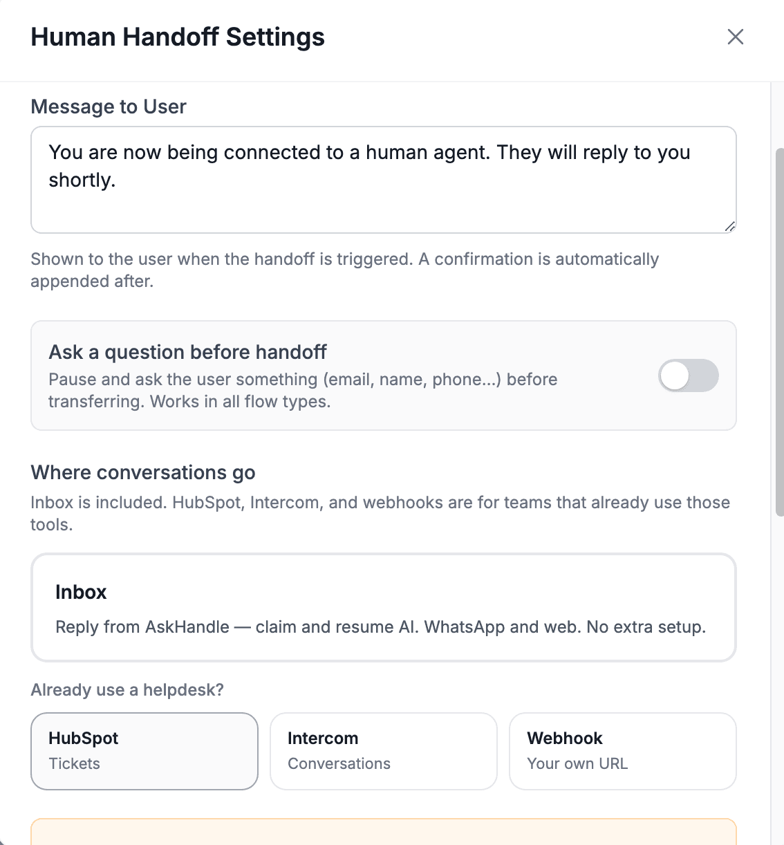 Actual Human Handoff settings showing the pre-handoff question option and Inbox, HubSpot, Intercom, and Webhook destinations