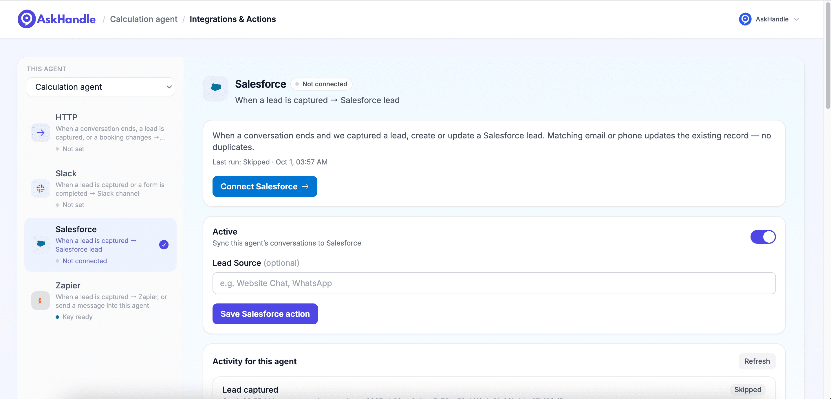 Actual AskHandle Salesforce integration with Connect Salesforce and Lead Source settings
