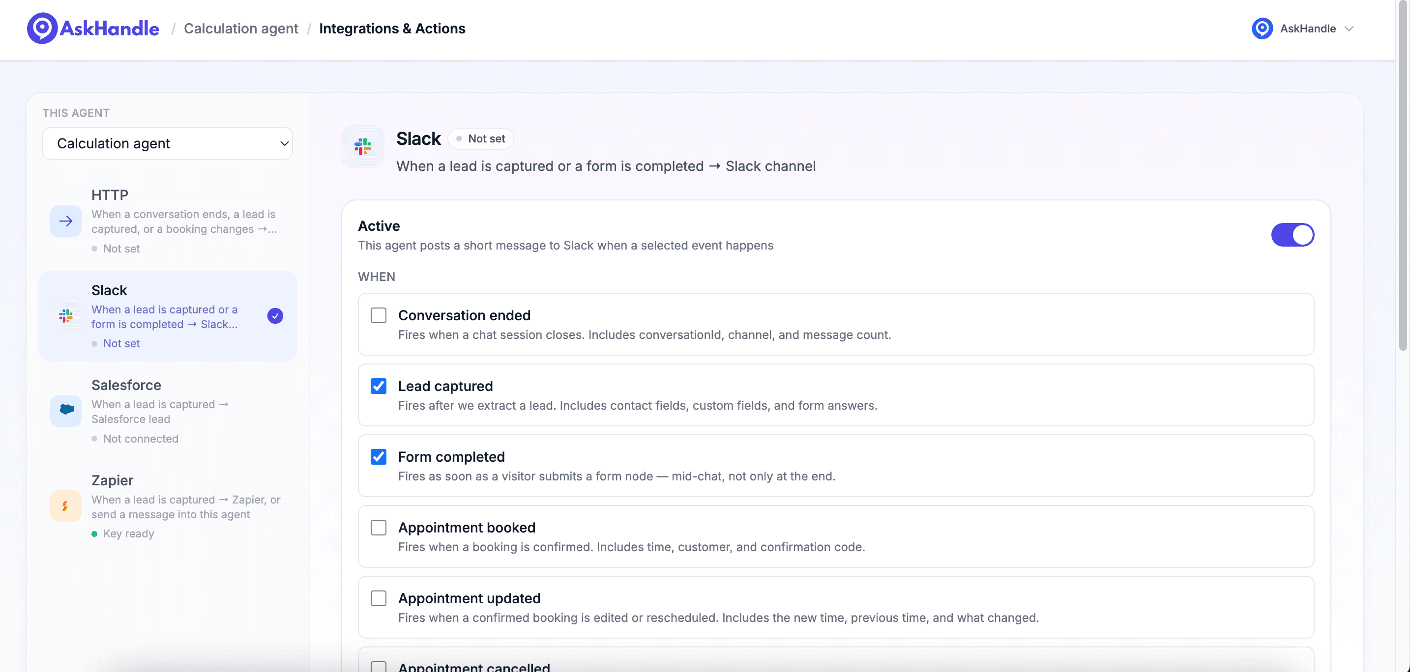 Actual AskHandle Slack integration settings with Lead captured and Form completed selected