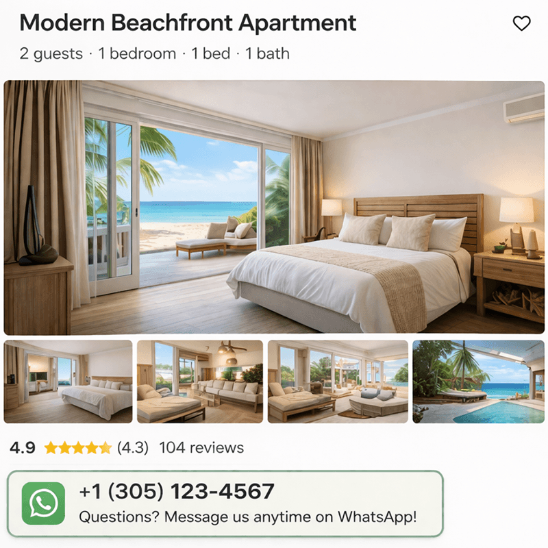 Vacation rental listing showing a WhatsApp contact button