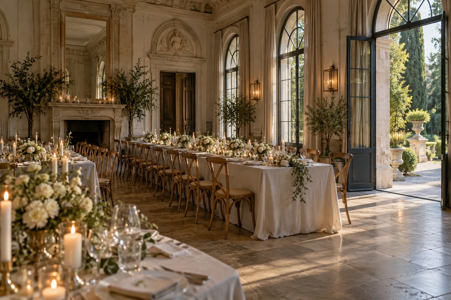 An event venue prepared for a wedding reception with a garden beyond the doors